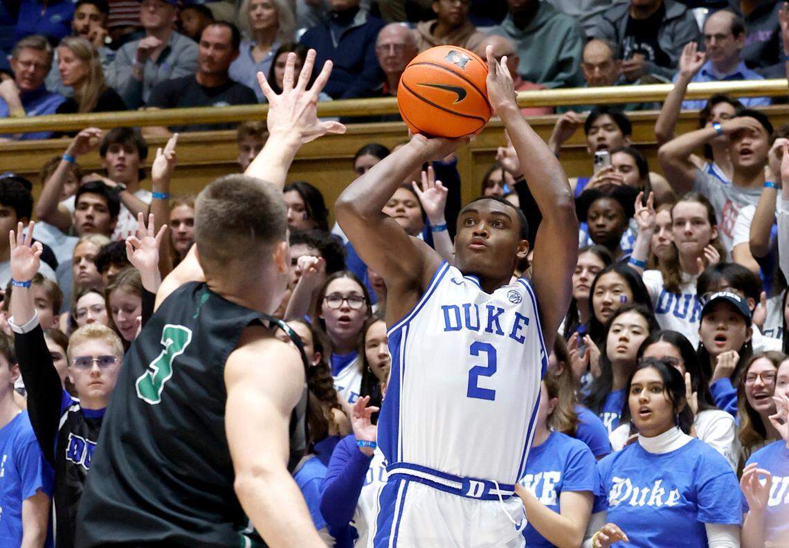 Duke’s Jaylen Blakes (2) hits a three-pointer as Dartmouth’s Dusan Neskovic (3) defends during the first half of Duke’s game against Dartmouth at Cameron Indoor Stadium in Durham, N.C., Monday, Nov. 6, 2023.