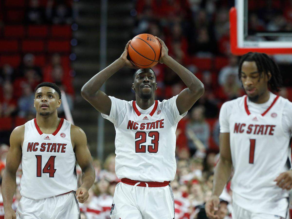 N.C. State’s Mohamed Diarra (23) reacts after a foul was called against the Wolfpack late in the second half of the team’s 84-78 loss to Virginia Tech on Saturday, Jan. 20, 2024, at PNC Arena in Raleigh, N.C.