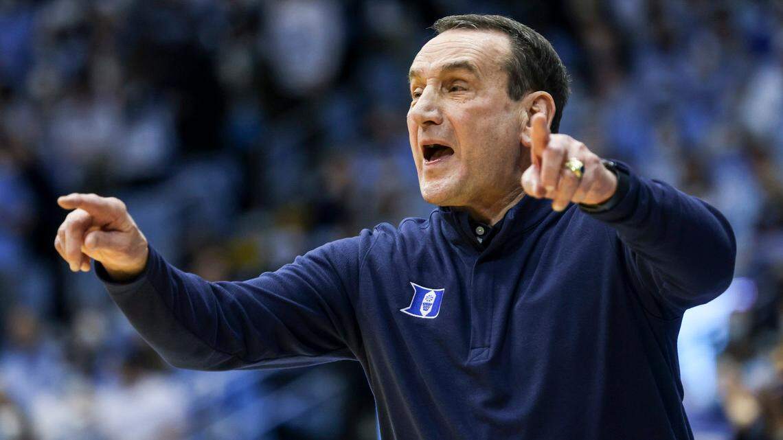 Duke head coach Mike Krzyzewski yells to his team during the first half of UNCís game against Duke Saturday, Feb. 5, 2022 at the Dean Smith Center.