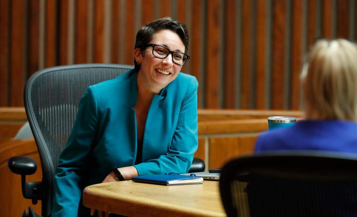 Raleigh council member Nicole Stewart talks with city attorney Robin Tatum before the Raleigh City Council meeting at the Municipal Building in Raleigh, N.C. Tuesday, June 15, 2021.