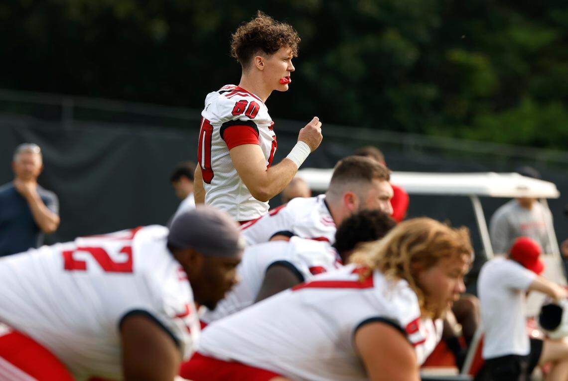 N.C. State wide receiver Bradley Rozner (80) prepares to run a drill during the Wolfpack’s first fall practice in Raleigh, N.C., Wednesday, August 2, 2023.