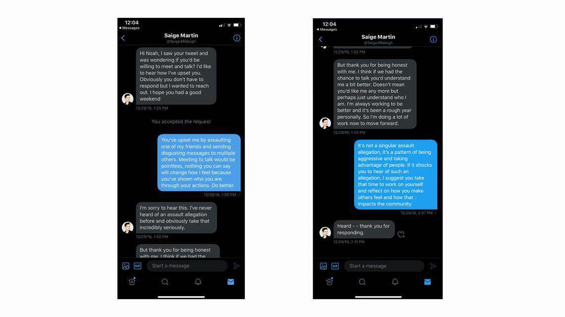 A Twitter message between Raleigh Council member Saige Martin and Noah Riley.