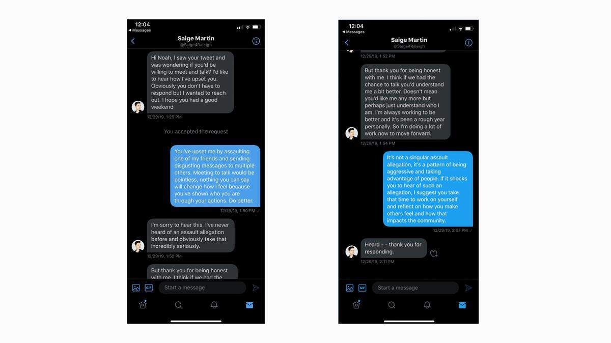 A Twitter message between Raleigh Council member Saige Martin and Noah Riley.