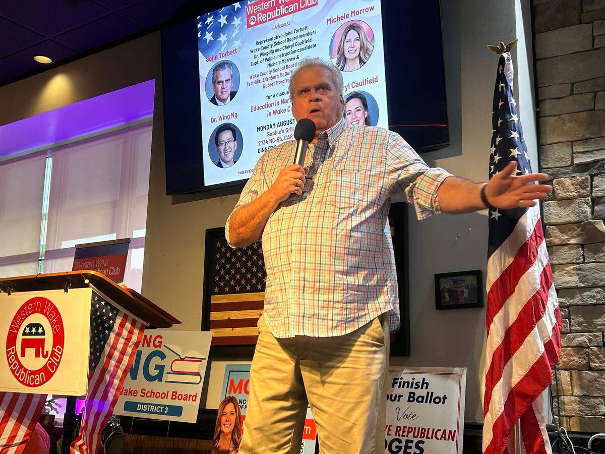 State Rep. John Torbett (R-Gaston) talks at the Western Wake Republican Club meeting on Aug. 26, 2024 in Cary. N.C.