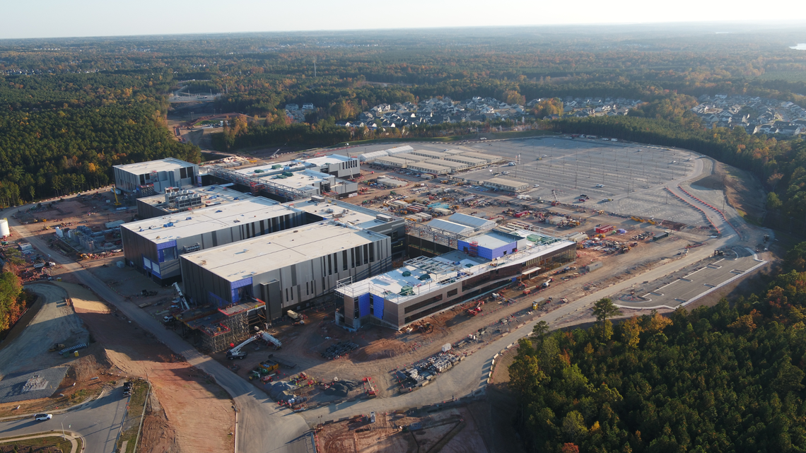 Aerial photo in October 2023 shows progress of Fujifilm Diosynth Biotechnologies facility in Holly Springs, NC.