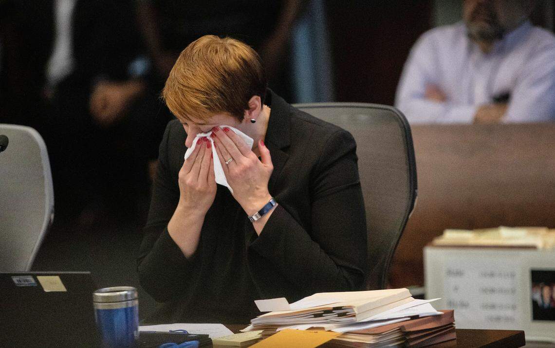 Durham Assistant District Kendra Montgomery-Blinn wipes her eyes while listening to a victim’s statement after Craig Hicks pleaded guilty to first-degree murder in the 2015 murders of three young Muslims at a Chapel Hill apartment Wednesday, June 12, 2019 at the Durham County Courthouse. Hicks will serve a life sentence in prison without the possibility of parole for killing his neighbors at the Finley Forest Condominiums: Deah Barakat, 23, his wife Yusor Abu-Salha, 21, and her sister Razan Abu-Salha, 19.