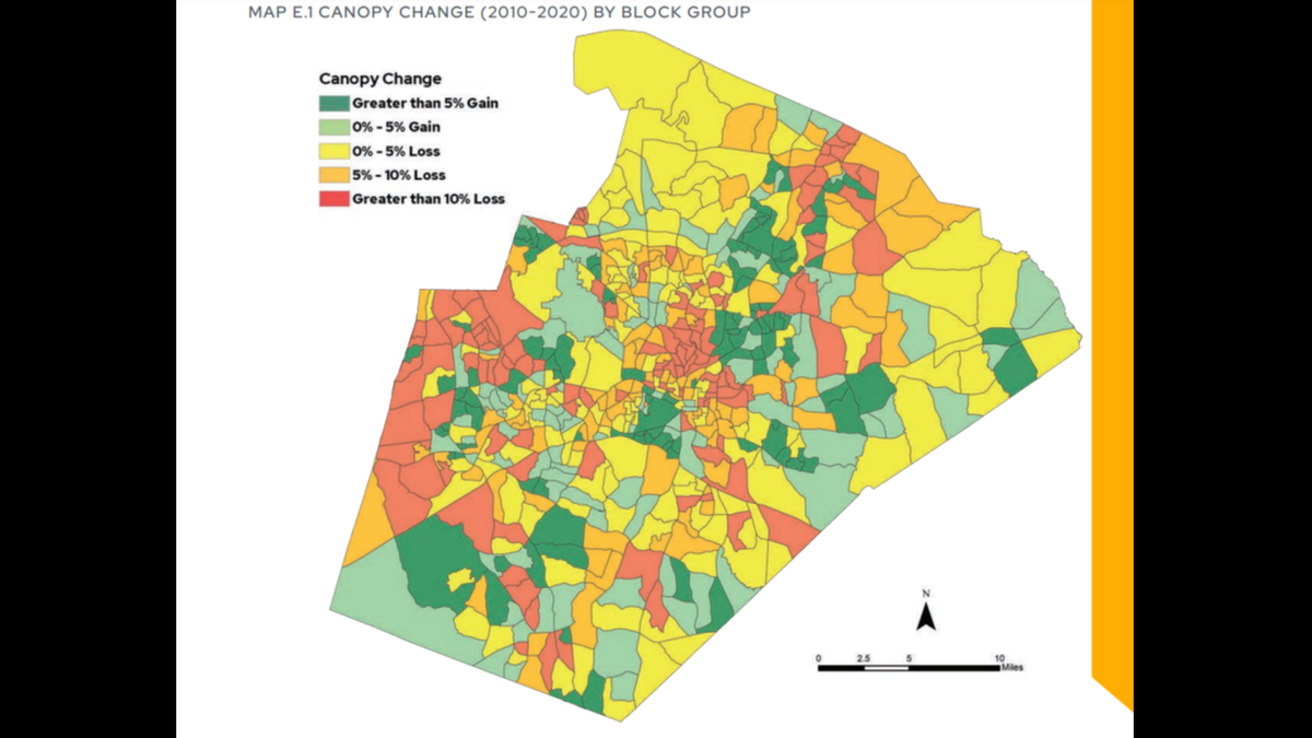 Most of Wake County’s U.S. Census blocks had a net loss of tree canopy over the 10-year period.&nbsp;