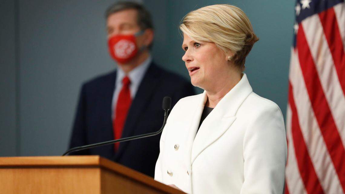 N.C. Department of Public Instruction Superintendent Catherine Truitt speaks during a briefing at the Emergency Operations Center in Raleigh, N.C., Tuesday, February 2, 2021.