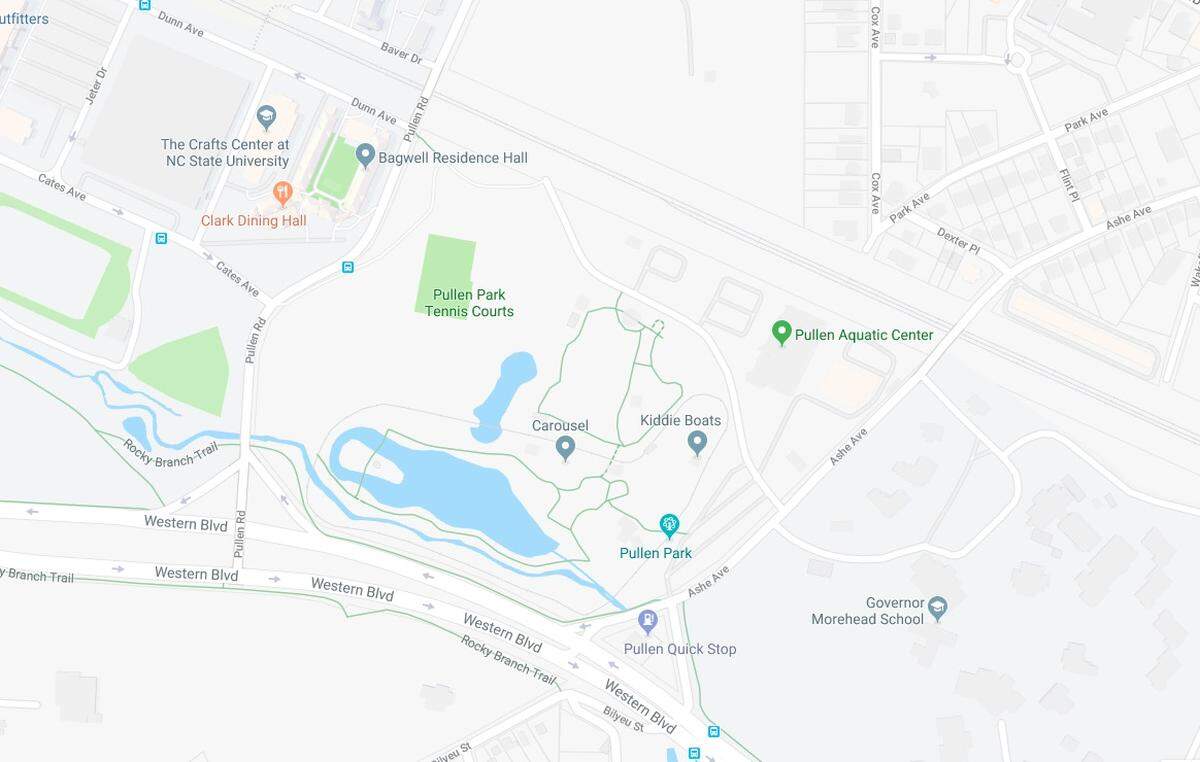 Map showing Pullen Park and surrounding area in Raleigh.