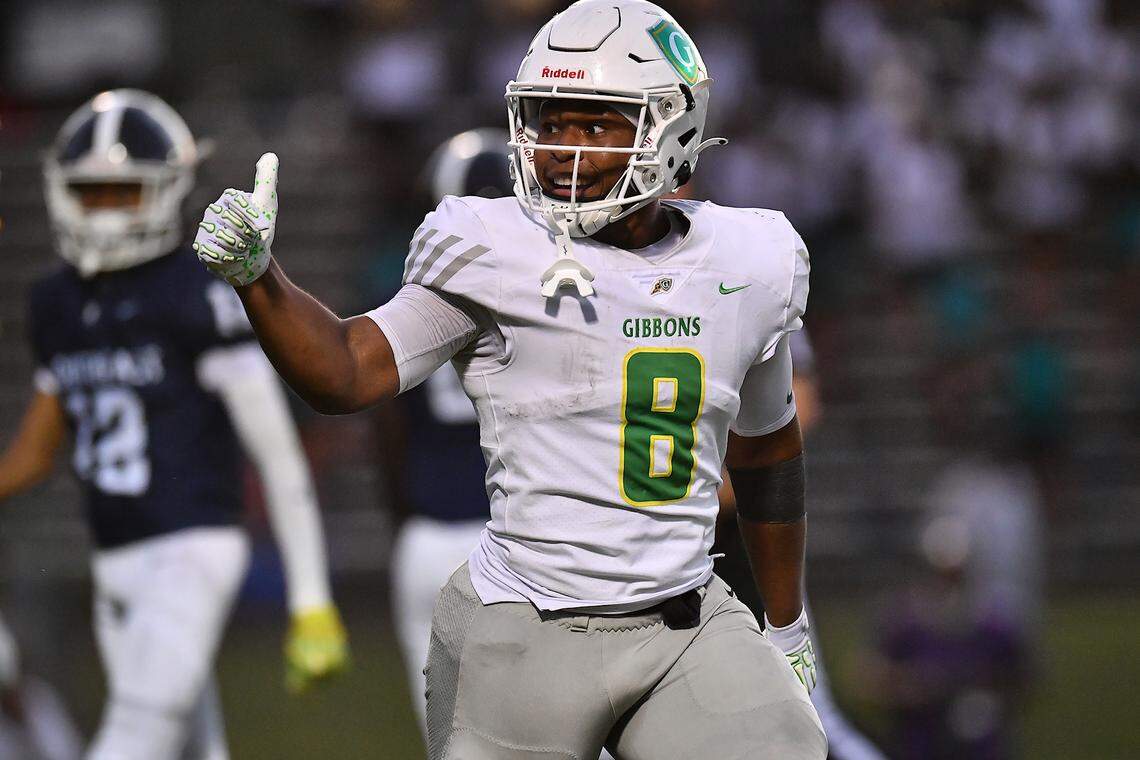 Cardinal Gibbons running back Noah Terry (8) reacts to his touchdown against Southeast Raleigh during the first half. The Southeast Raleigh Bulldogs and the Cardinal Gibbons Crusaders met in a non-conference football game in Raleigh, N.C. September 12, 2025
