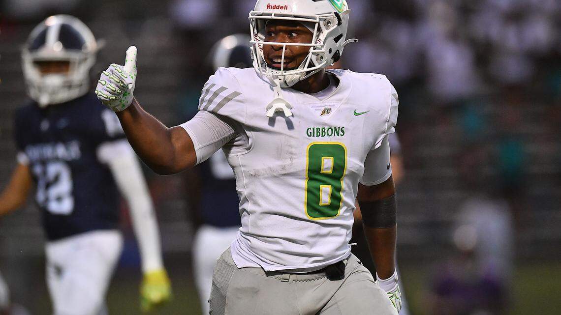 Cardinal Gibbons running back Noah Terry (8) reacts to his touchdown against Southeast Raleigh during the first half. The Southeast Raleigh Bulldogs and the Cardinal Gibbons Crusaders met in a non-conference football game in Raleigh, N.C. September 12, 2025