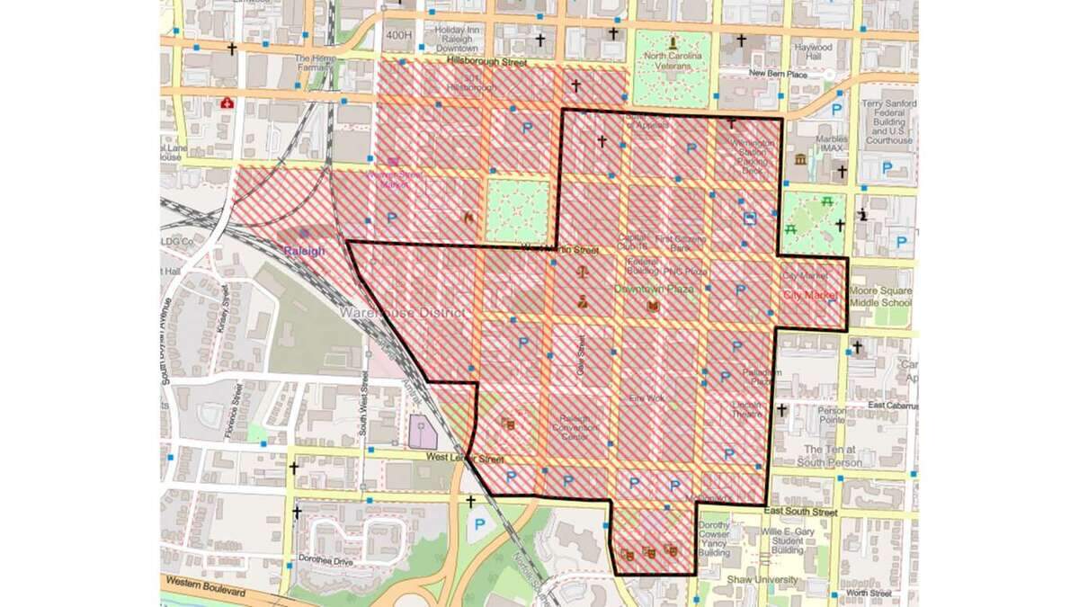 Raleigh’s expanded social district in downtown. Moore and Nash squares are not included in the expansion.