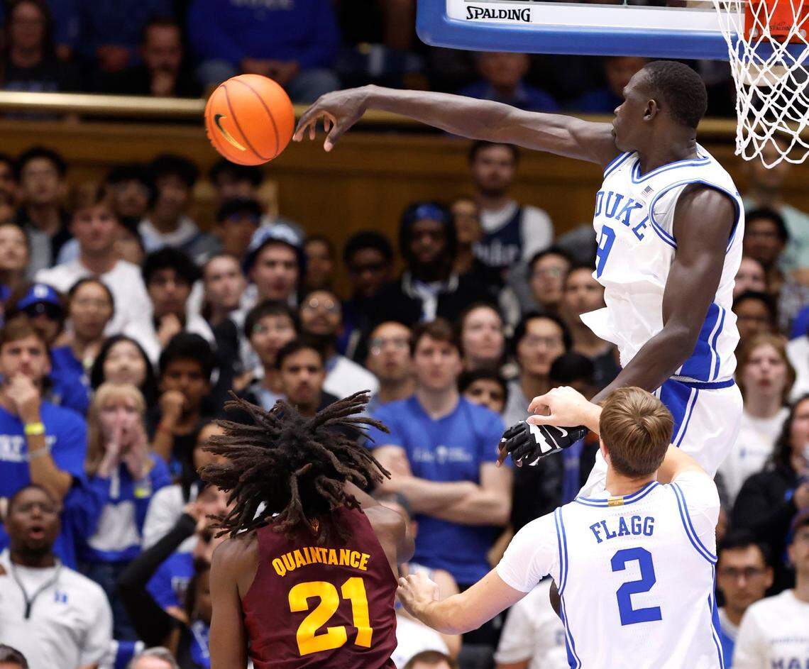 Duke’s Khaman Maluach (9) blocks the shot by Arizona State’s Jayden Quaintance (21) during the first half of Duke’s game against Arizona State in the Brotherhood Run Charity Game at Cameron Indoor Stadium in Durham, N.C., Sunday, Oct. 27, 2024.