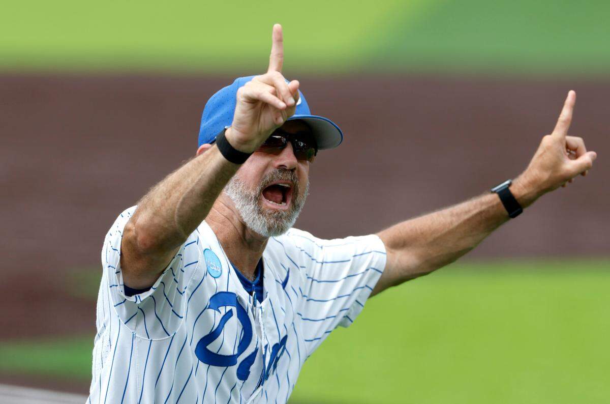Duke coach Chris Pollard motions to the officals during Duke’s game against Murray St. in the first game of Durham Super Regional at Jack Coombs Field in Durham, N.C., Sat. June 7, 2025.