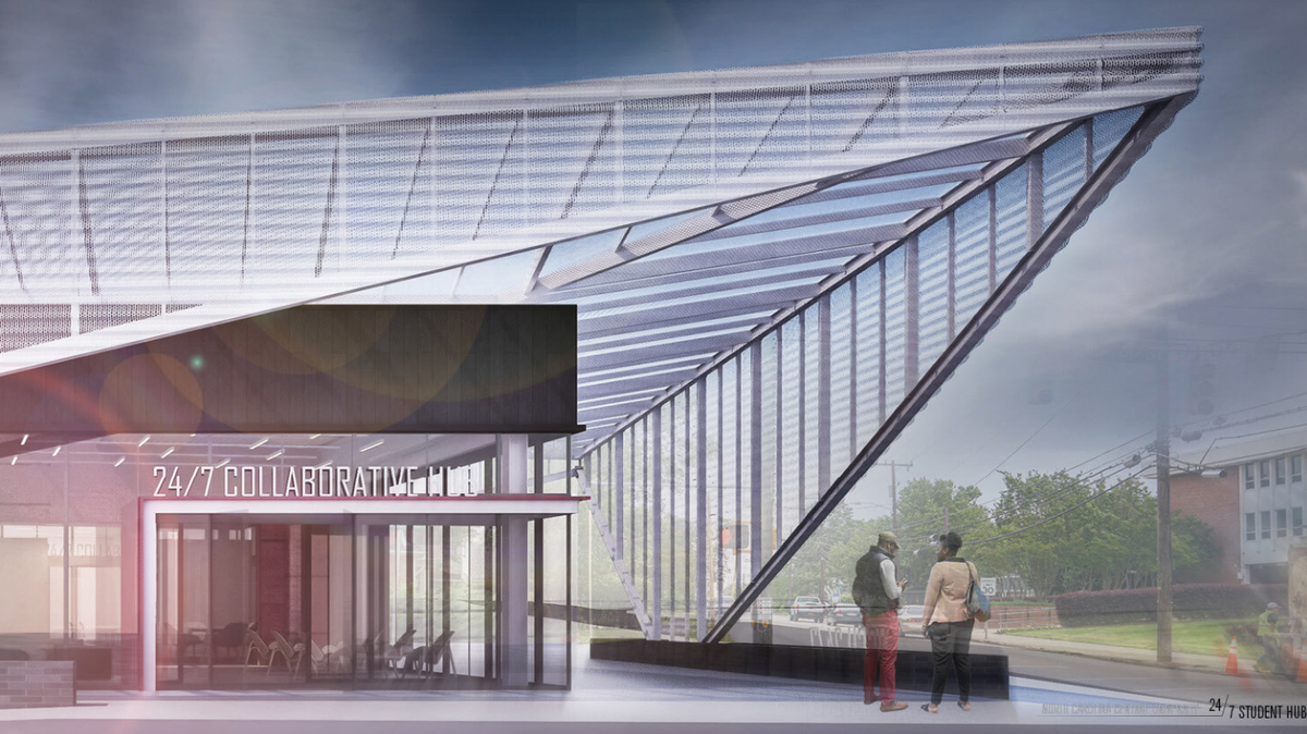 The porch is a central feature of NCCU’s planned 24/7 Collaborative Learning & Research Center.