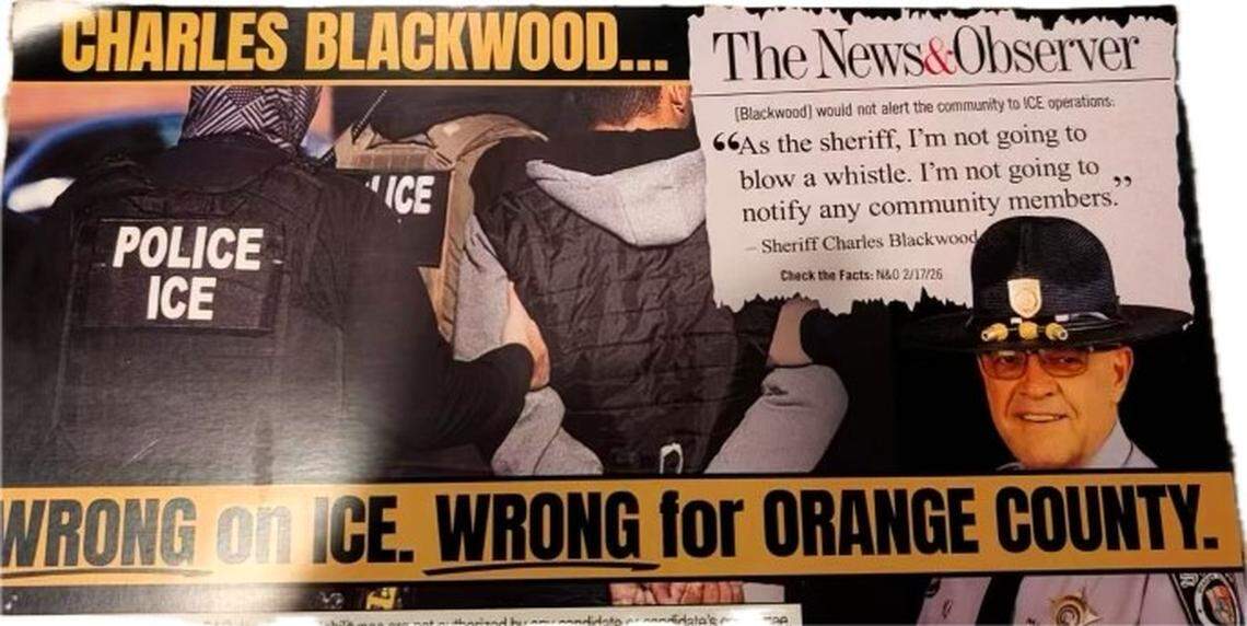 A postcard mailing over the weekend urged Orange County voters to reject incumbent Sheriff Charles Blackwood and falsely attributed to him a statement that his opponent David LaBarre made to The News & Observer.