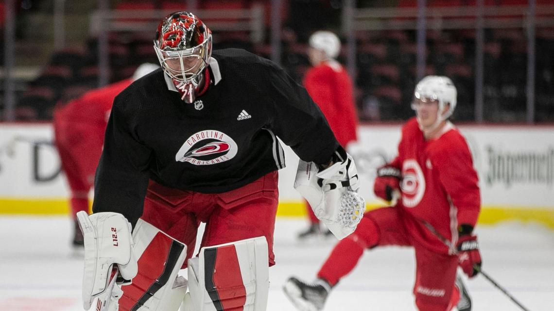 Carolina Hurricanes’ goalie Freddy Andersen (31) skates during the opening day of training camp on Thursday, September 23, 2021 at PNC Arena in Raleigh, N.C.