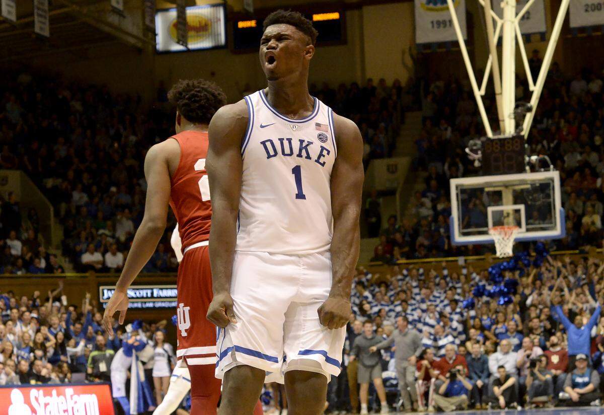 Duke forward Zion Williamson (1) reacts after a second half dunk as Duke defeated Indiana 90-69 at Cameron Indoor Stadium In Durham, N.C. Tuesday, November 27, 2018.
