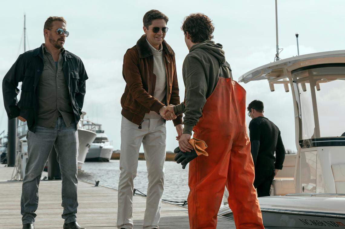 Josh Crotty as Nate, Topher Grace as Grady and Brady Hepner as Diller Hopkins in “The Waterfront.”