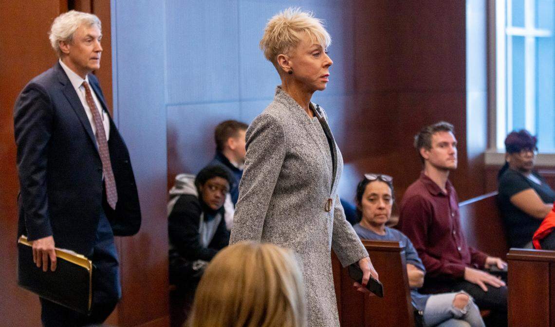 North Carolina State Auditor Beth Wood makes an appearance in Wake County court on Thursday, March 23, 2023 in Raleigh, N.C. Woods pleaded guilty to misdemeanor hit-and-run. She was charged after striking a parked car on Salisbury Street in December 2022 and leaving the scene of the accident.