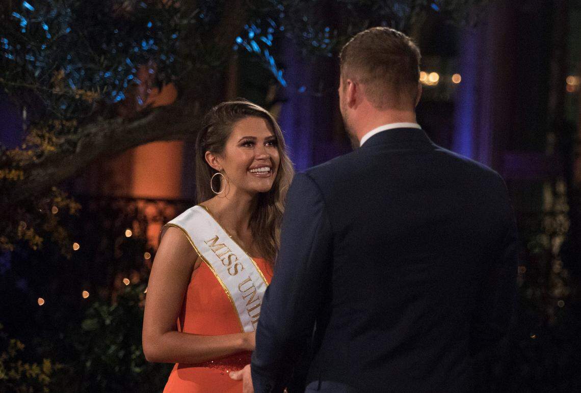Caelynn Miller-Keyes, the 2018 Miss North Carolina USA, with Colton Underwood on Season 23 of “The Bachelor” on ABC.