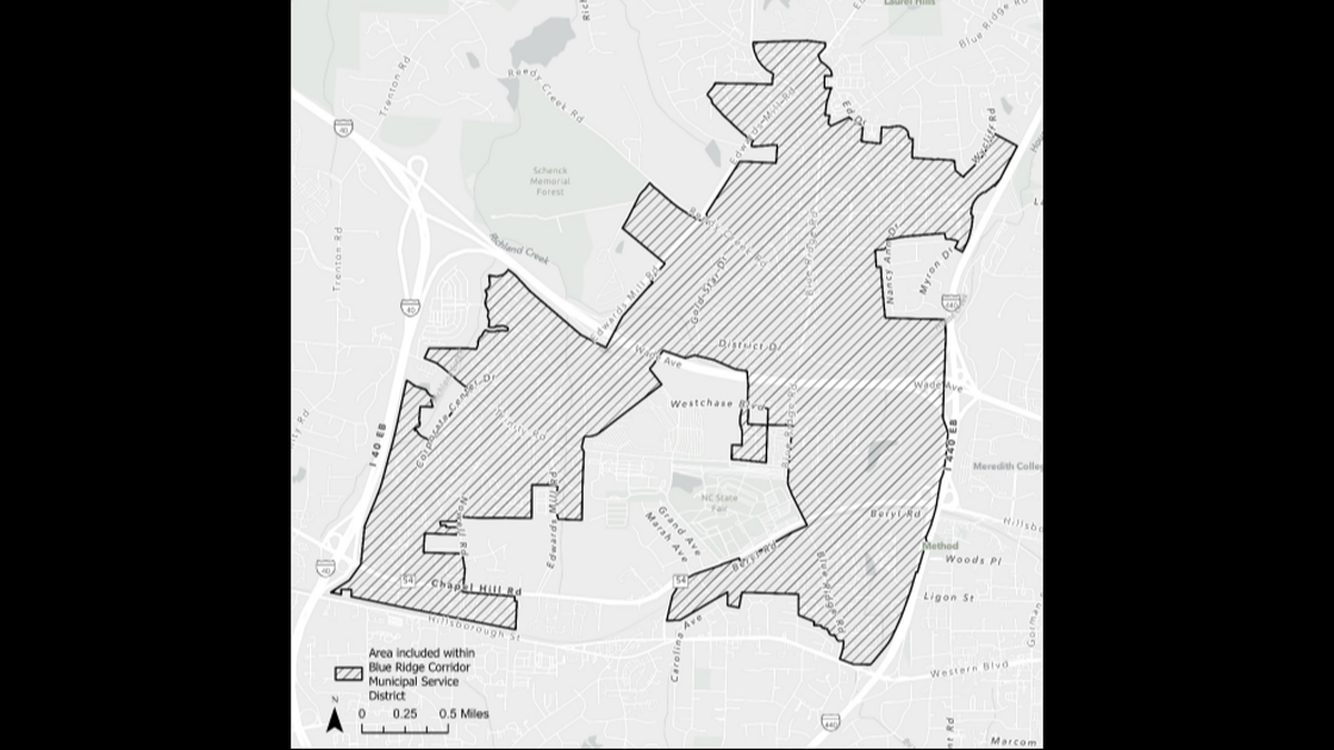 A map showing the proposed boundaries of the Blue Ridge Corridor Municipal Service District.