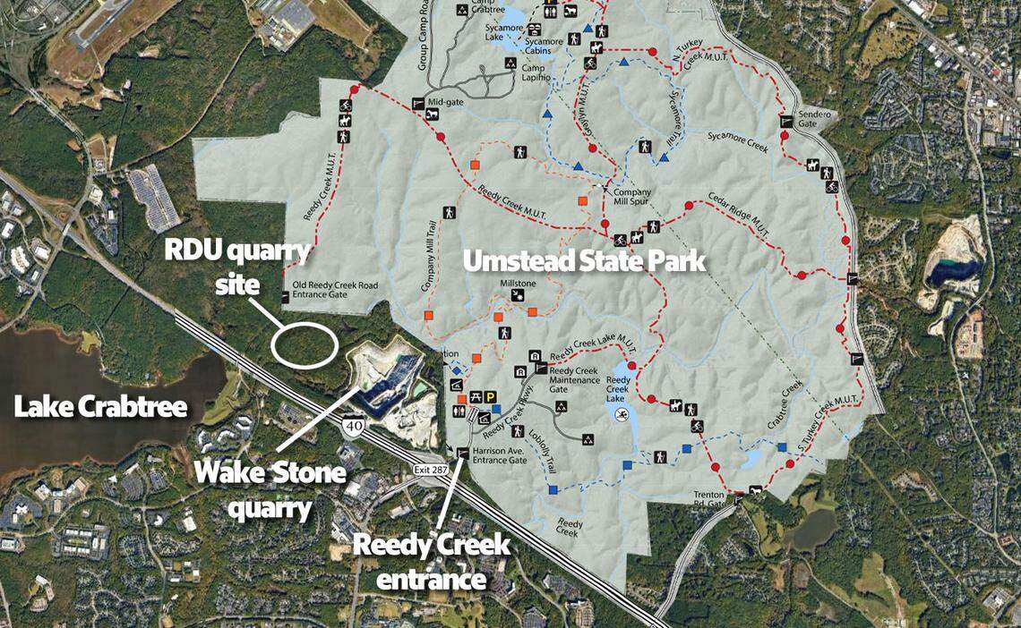 The proposed RDU quarry would be on land owned by Raleigh-Durham International Airport adjacent to William B. Umstead State Park and the existing Triangle Quarry owned by Wake Stone Corp.