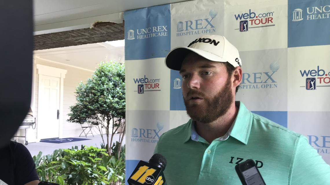 Grayson Murray of Raleigh discusses his final-round 61 in the Rex Hospital Open at the Country Club at Wakefield Plantation on June 2, 2019. Murray finished in a tie for second.
