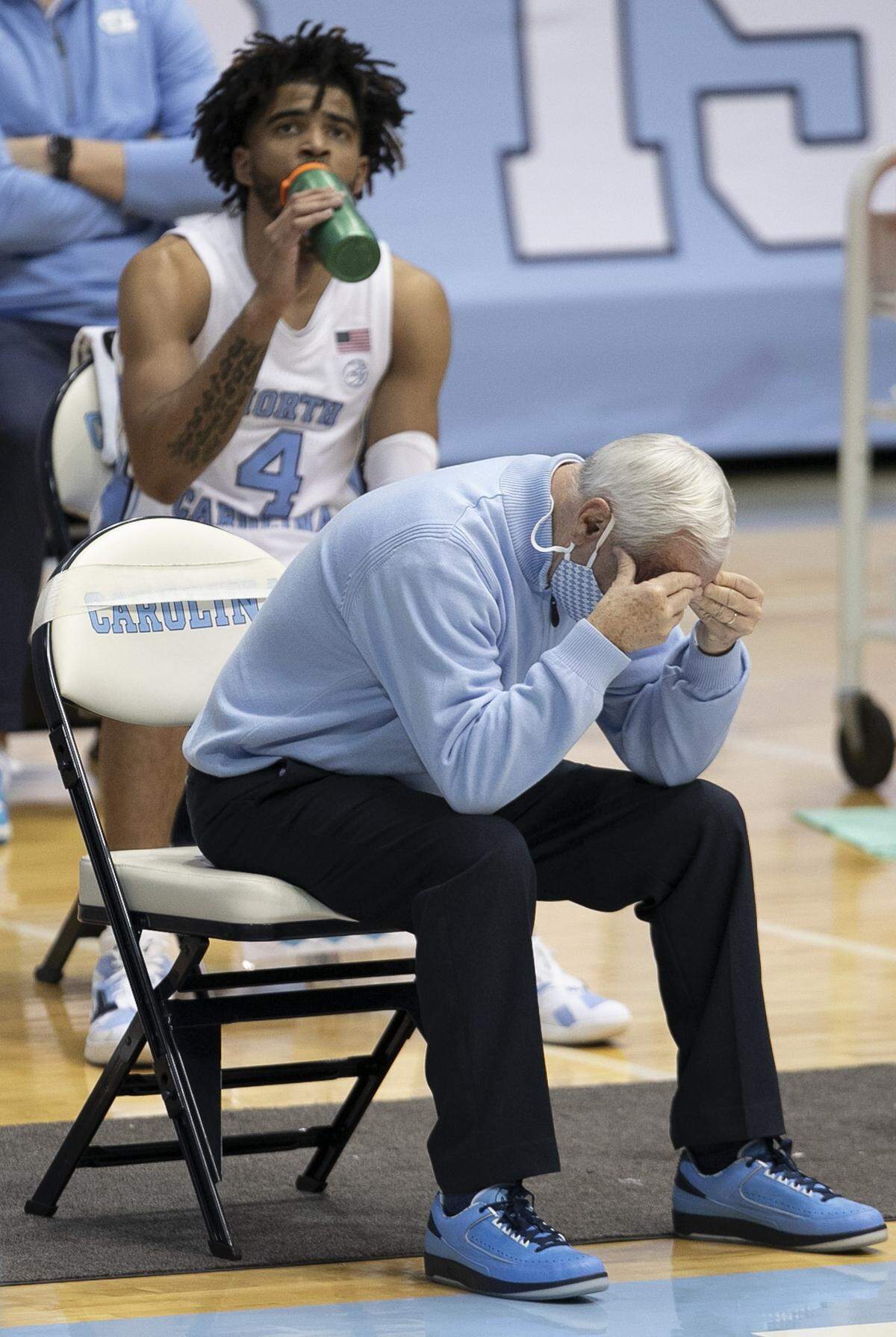 North Carolina coach Roy Williams reacts to a turnover by his team in the second half against N.C. State on Saturday, January 23, 2021 at the Smith Center in Chapel Hill, NC.