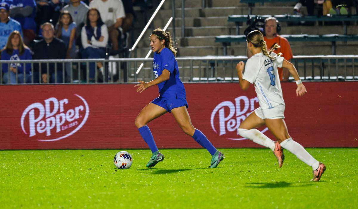 Duke’s Mia Oliaro (15) dribbles the ball during the 2024 Ally ACC Women’s Soccer Championship semifinal game against North Carolina at Cary on Thursday, Nov. 7th, 2024.