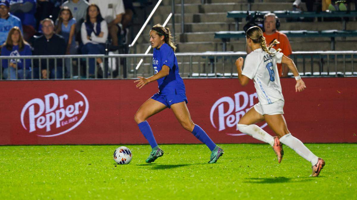 Duke’s Mia Oliaro (15) dribbles the ball during the 2024 Ally ACC Women’s Soccer Championship semifinal game against North Carolina at Cary on Thursday, Nov. 7th, 2024.
