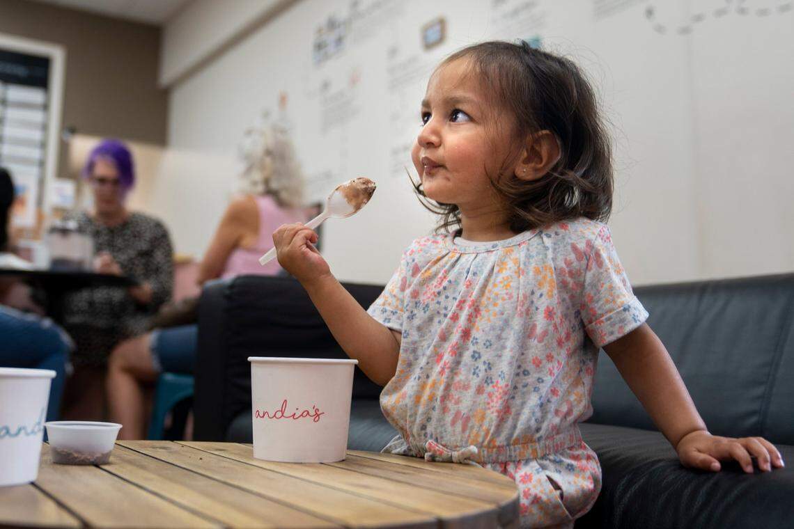 Zara Mathir, 20 months old, enjoys Andias Homemade Ice Cream in Cary, N.C. on Tuesday, Aug. 2, 2022.