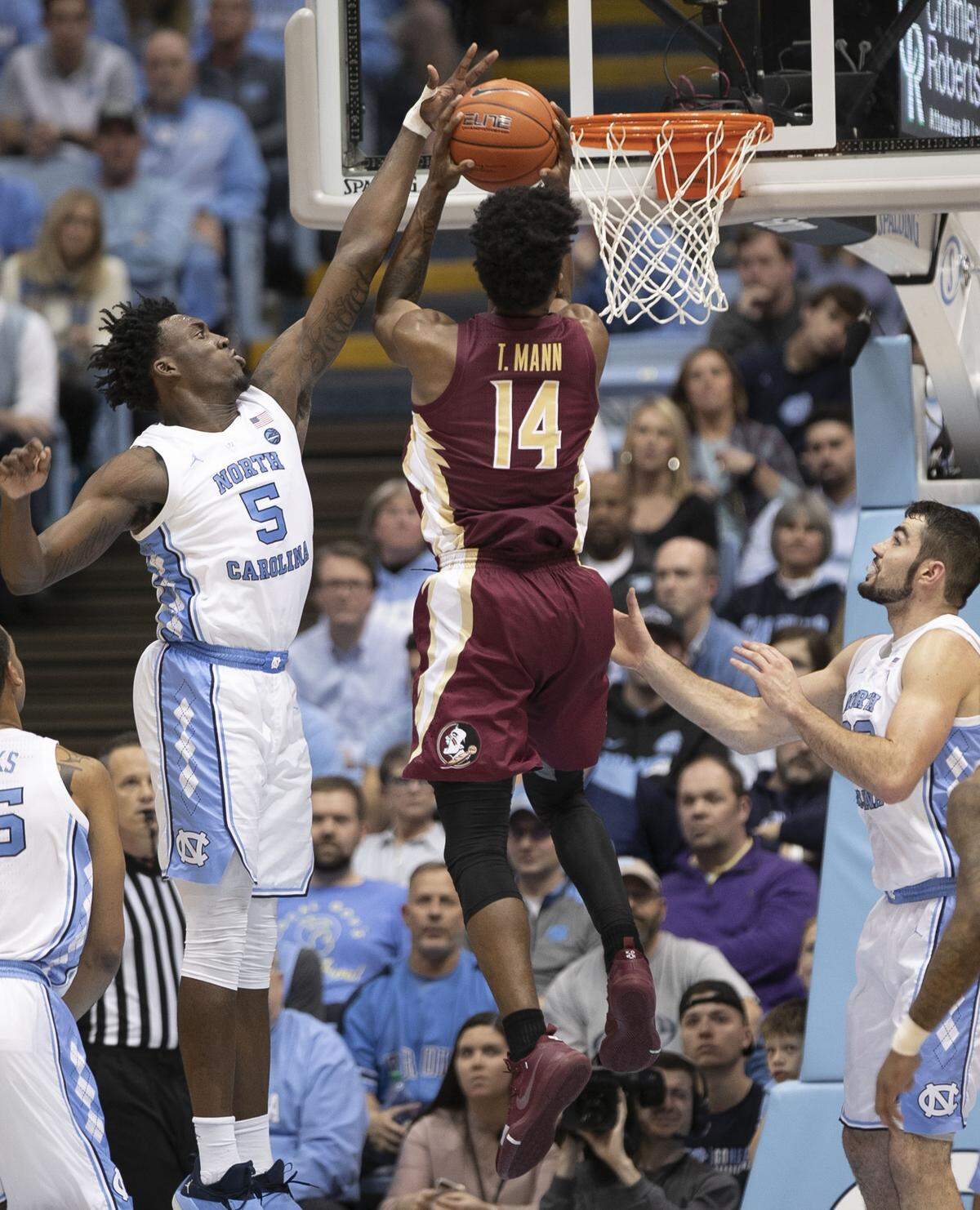 North Carolina’s Nassir Little (5) defends Florida State’s Terance Mann (14) in the second half against Florida State on Saturday, February 23, 2019 at the Smith Center in Chapel Hill, N.C.