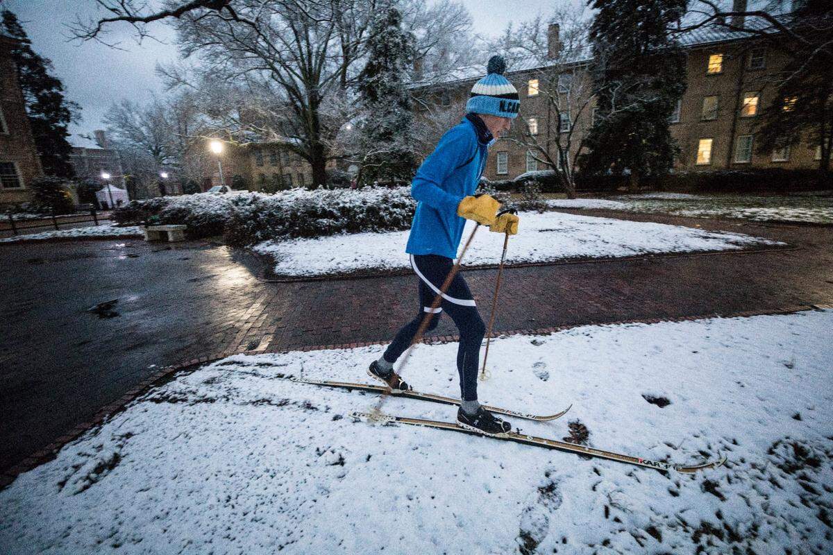Andrew Thornton, a UNC-Chapel Hill sophomore, starts to ski down McCorkle Place in Chapel Hill, N.C. on Thursday morning, January 28, 2021.
