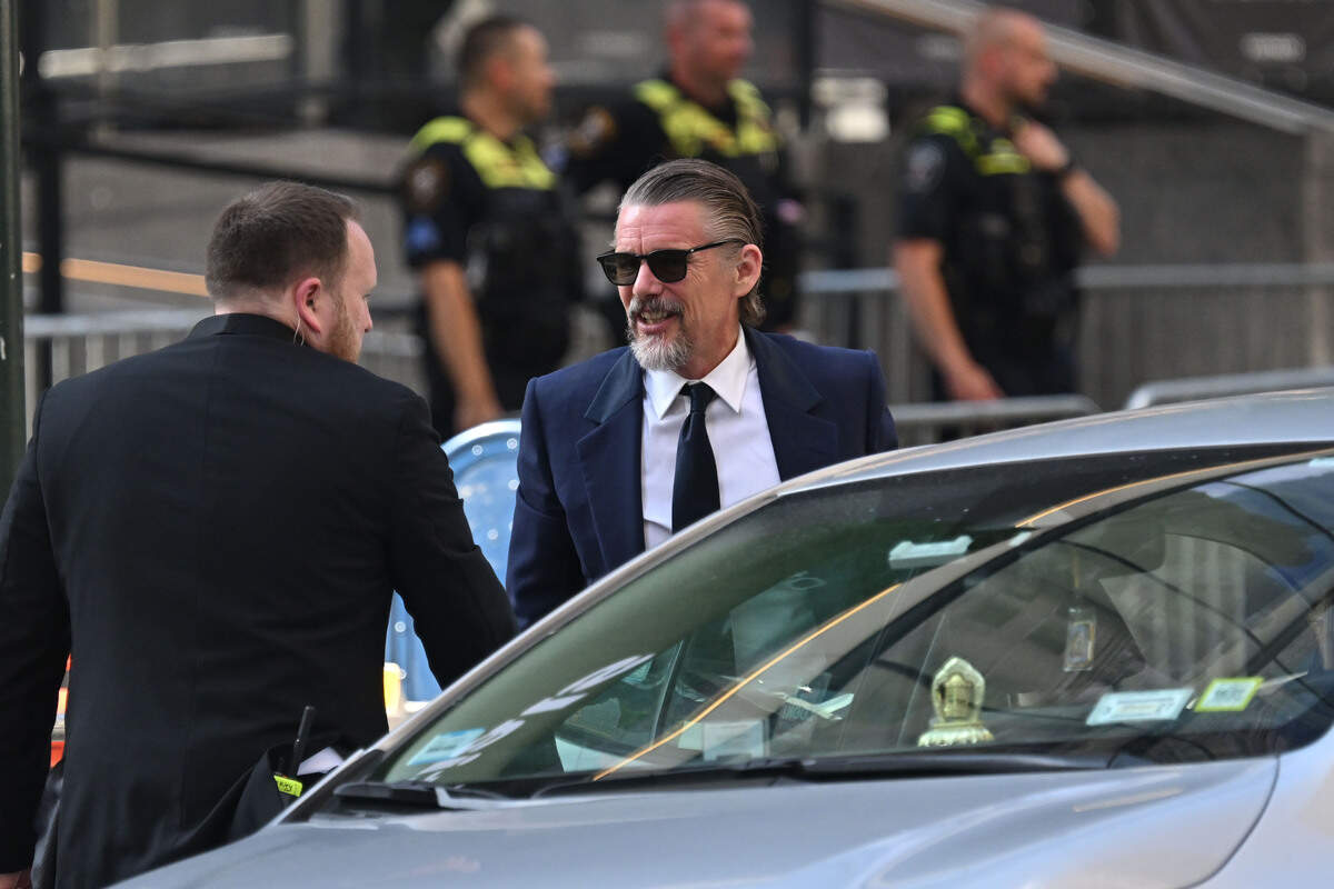 Ethan Hawke arrives at Madison Square Garden on July 3, 2026 in New York City. According to reports, several permits have been filed with New York City around the venue. There have been unconfirmed reports that Taylor Swift and Travis Kelce will be celebrating their wedding in the area.