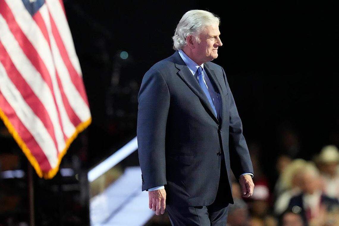 Franklin Graham, President and CEO of the Billy Graham Evangelistic Association, speaks during the final day of the Republican National Convention at the Fiserv Forum. The final day of the RNC featured a keynote address by Republican presidential nominee Donald Trump.