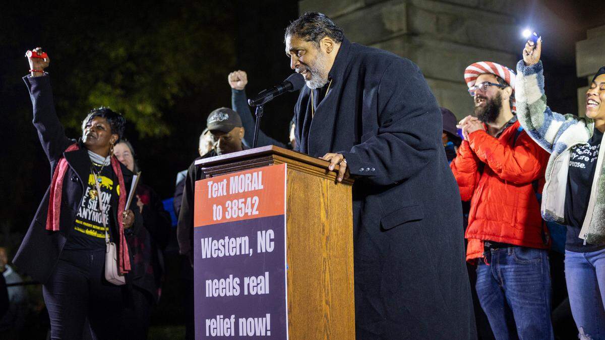 Rev. William Barber II leads a Moral Monday rally at the North Carolina State Capitol on Monday, Dec. 9, 2024, calling on lawmakers to uphold Gov. Roy Cooper’s veto of Senate Bill 382. Cooper vetoed the bill on Nov. 26, calling it “a sham” and criticizing its lack of hurricane relief and inclusion of various power grabs.