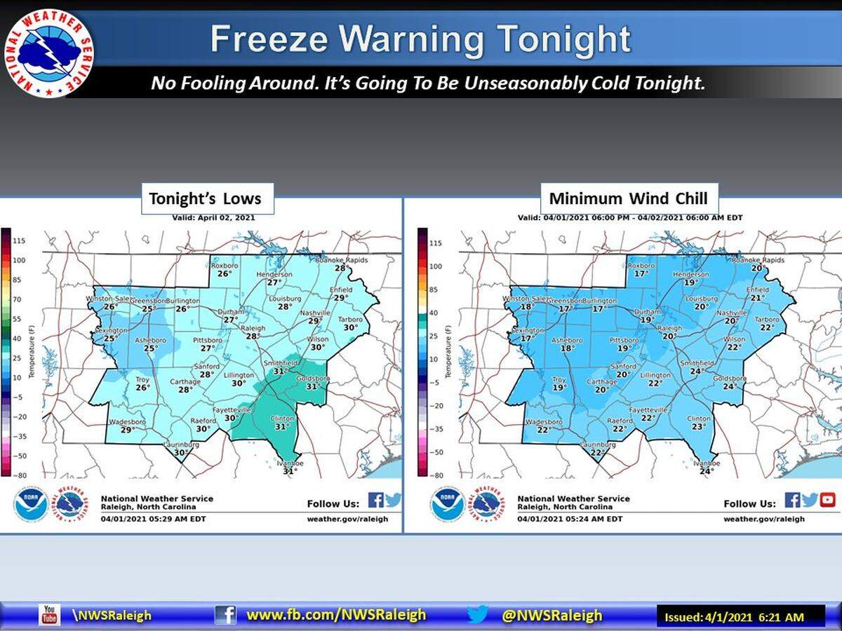 A freeze warning was issued for the Triangle as could temperatures are expected to blanket the region.