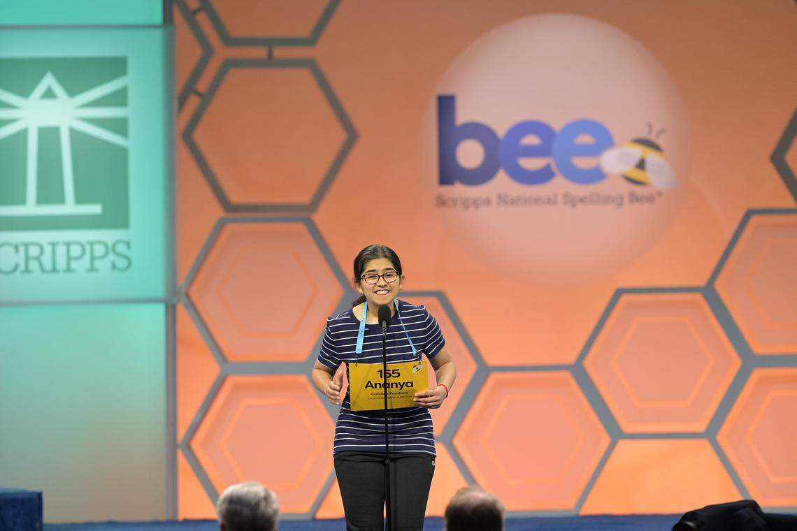 Ananya Rao Prassanna, a student at Davis Drive Middle School in Cary, N.C., competes in the Finals of the 2024 Scripps National Spelling Bee in National Harbor, MD, on May 30, 2024.