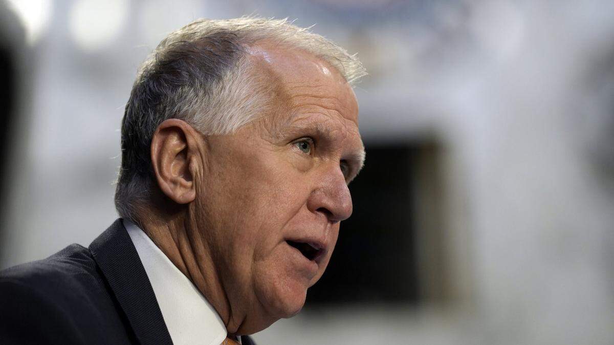 March 23, 2022; Washington, DC, USA; Senator Thom Tillis (R-NC) speaks during the Senate Judiciary Committee confirmation hearing for Supreme Court Associate Justice nominee Ketanji Brown Jackson on March 21, 2022 in Washington.