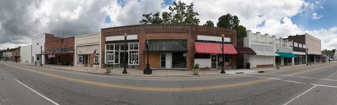 The business district of Fair Bluff, NC has been abandoned after the Lumber River flooded the businesses during Hurricanes Matthew in 2016 and Hurricane Florence in 2018 leaving several feet water in the buildings and rendering most unusable. This composite photograph was created using 11 still images.
