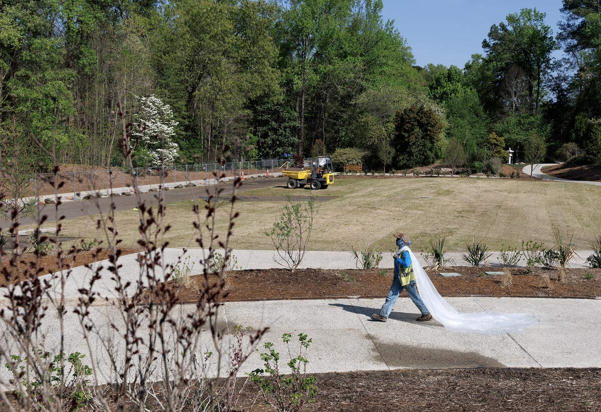 Crews work near the Event Lawn at Sarah P. Duke Gardens on Thursday, April 2, 2026, in Durham, N.C. The newly reimagined space, once home to the gardens’ lower parking lot, will host outdoor gatherings and performances. 