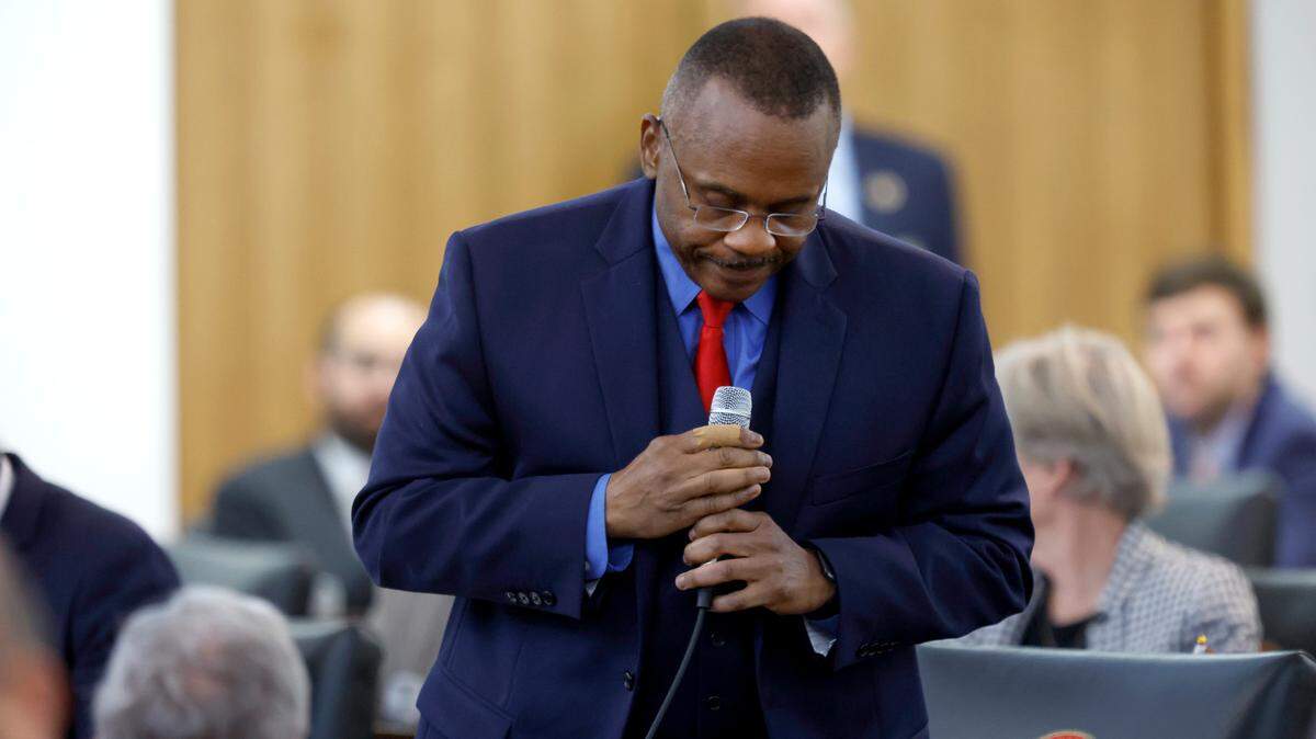 Rep. Robert Reives composes himself while talking about House Bill 237, the anti-mask and campaign finance bill, during floor debate in the N.C. House in Raleigh, N.C., Tuesday, June 11, 2024.