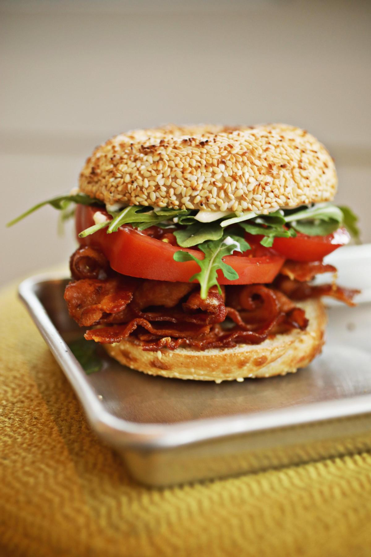 Big Dom’s Bagel Shop has a sandwich selection which includes a jacked up BLT with arugula and seven (!) slices of bacon.