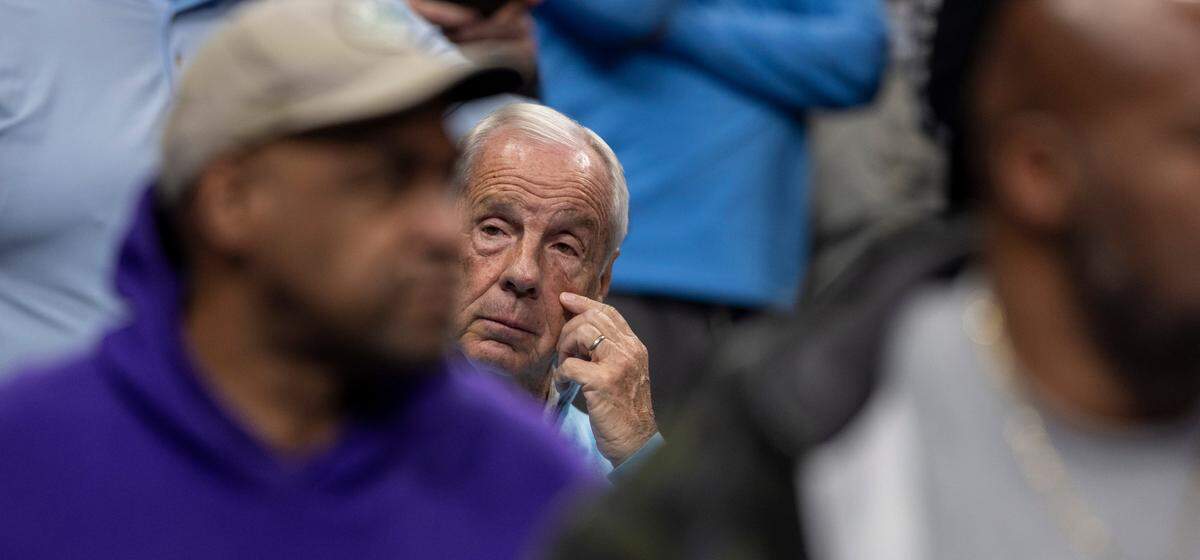Former North Carolina coach Roy Williams watches the second half of the North Carolina vs Kentucky game on Saturday, December 16, 2023 at State Farm Arena in Atlanta, Georgia
