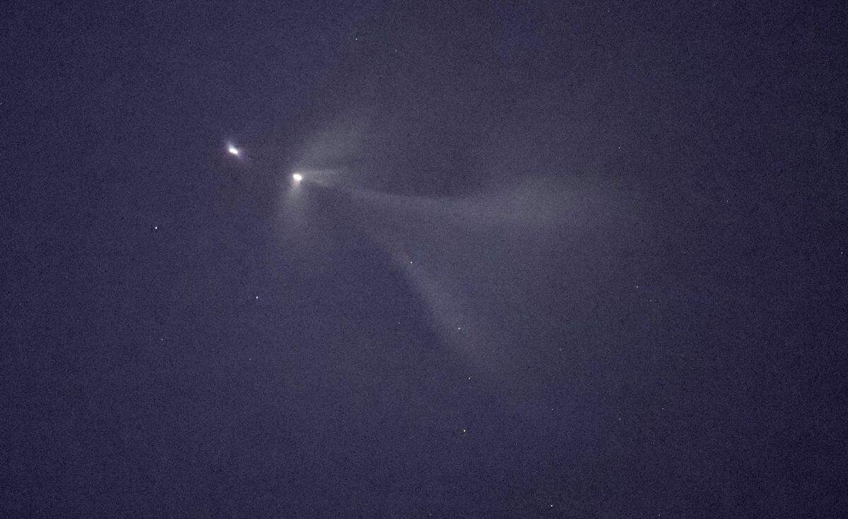 The launch of an United Launch Alliance (ULA) Atlas V rocket with Amazon Leo satellites is seen in the eastern skies over downtown Raleigh Monday evening April 27, 2026. According to ULA, the launch successfully delivered 29 satellites. 