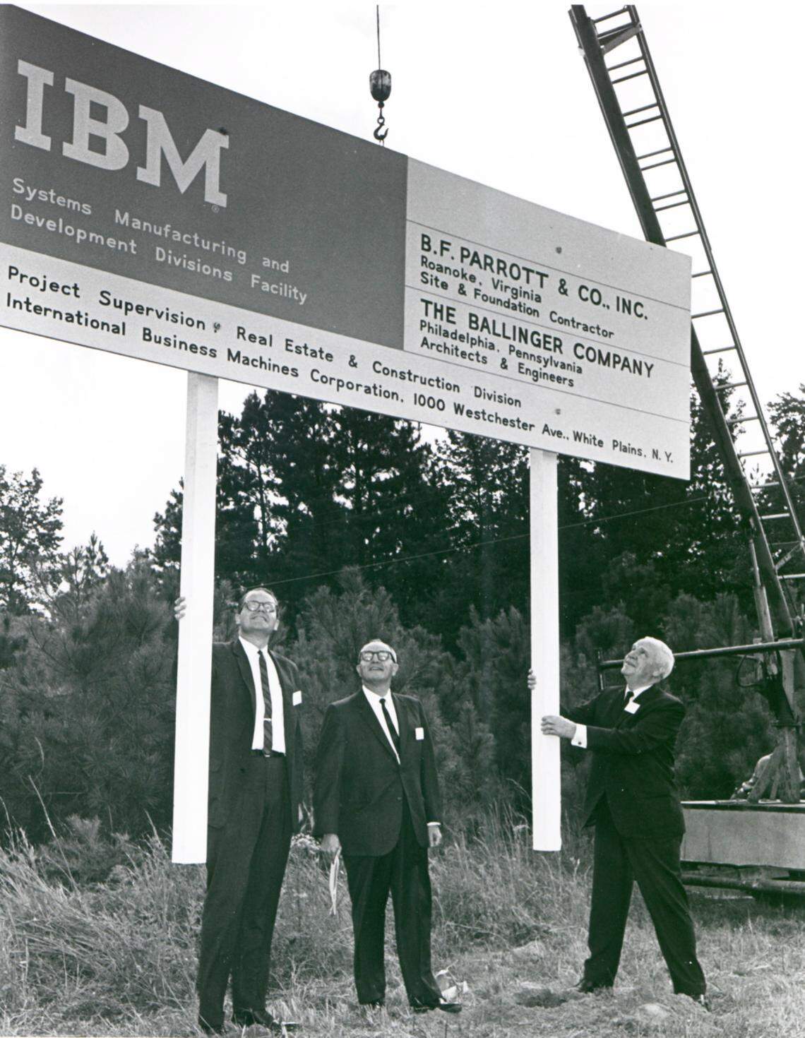 Former North Carolina Governor Luther Hodges, right, and two unidentified men at IBM sign placing in RTP in 1965.