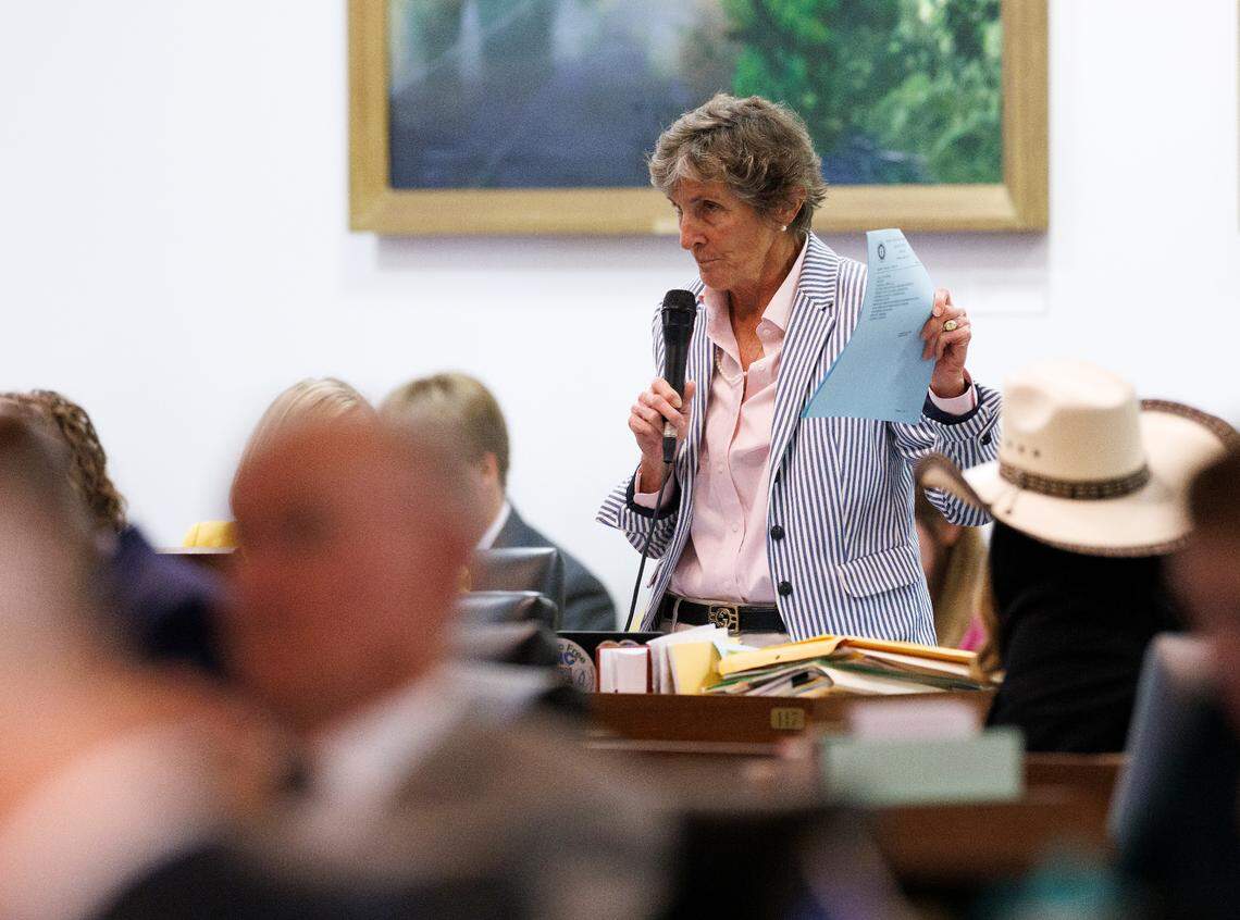 Rep. Pricey Harrison, a Democrat from Guilford County, speaks as a bill including a series of power shifts is debated during a legislative session at the General Assembly on Tuesday, Nov. 19, 2024, in Raleigh, N.C.