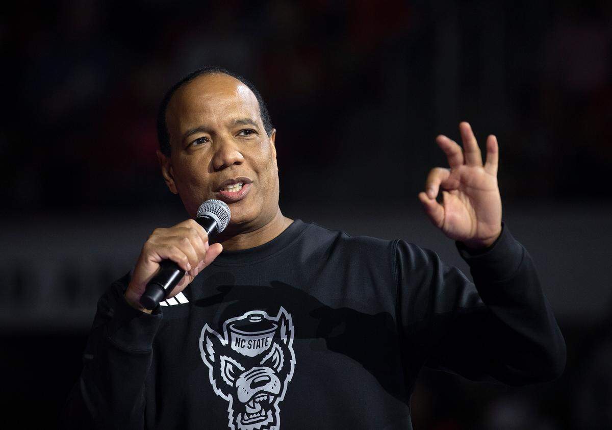 N.C. State men’s basketball head coach Kevin Keatts speaks to the crowd during the Primetime with the Pack preseason event on Friday, Oct. 25, 2024, at Reynolds Coliseum in Raleigh, N.C.