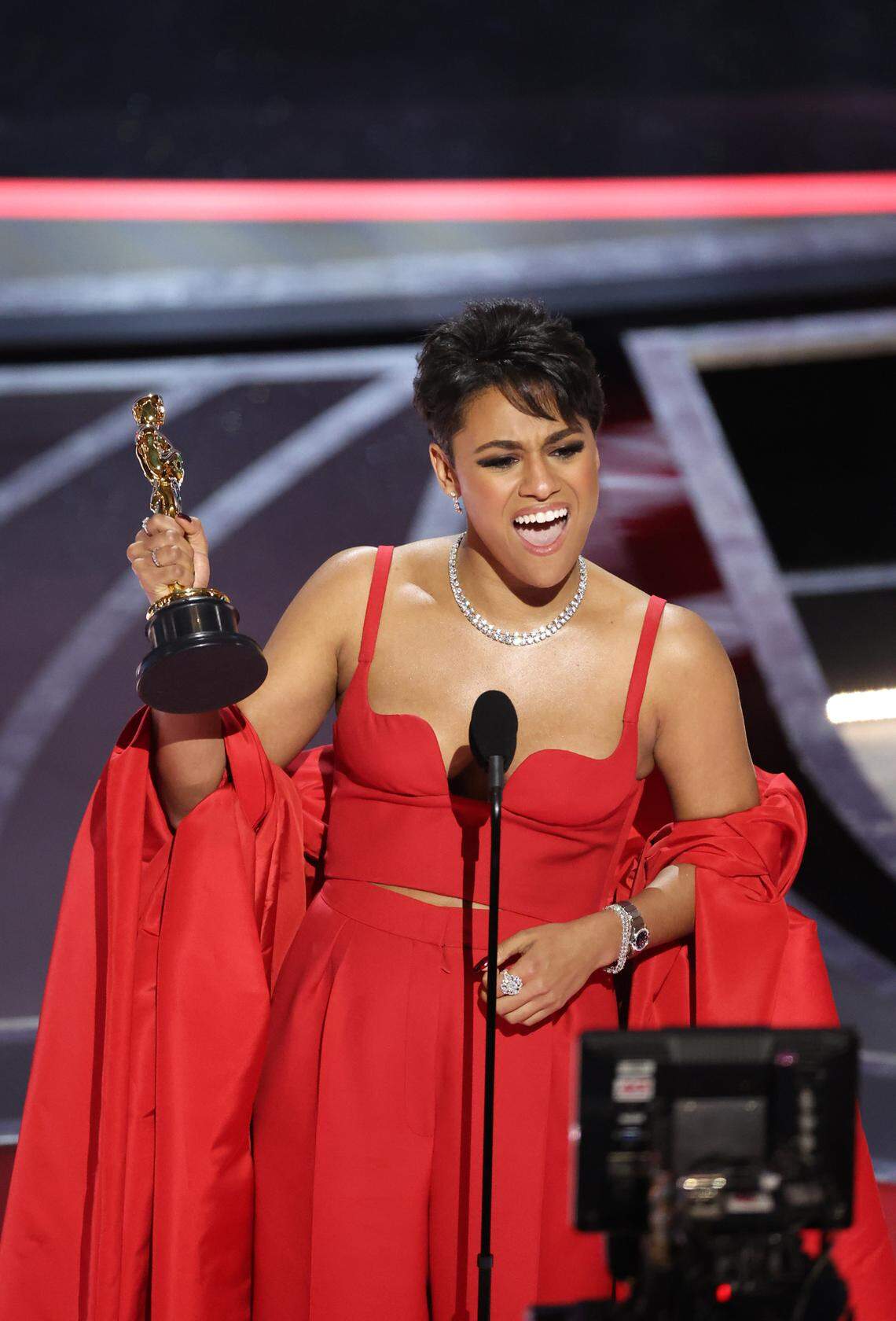 Ariana DeBose accepts the award for Best Actress in a Supporting Role for her performance in “West Side Story” at the 94th Academy Awards at the Dolby Theatre at Ovation Hollywood on Sunday, March 27, 2022, in California. (Myung Chun/Los Angeles Times/TNS)